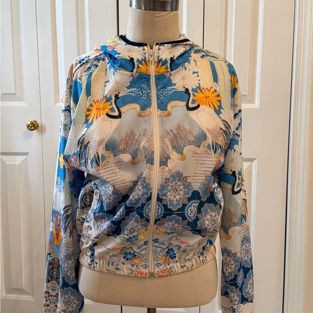 Anthropologie Blue and Cream Crane Bomber Jacket
